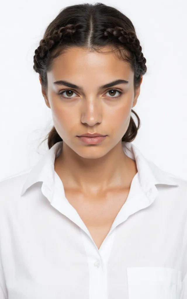 A French female model with a Braided ponytail, wearing a shirt, against a white background, in a front   facing bust portrait